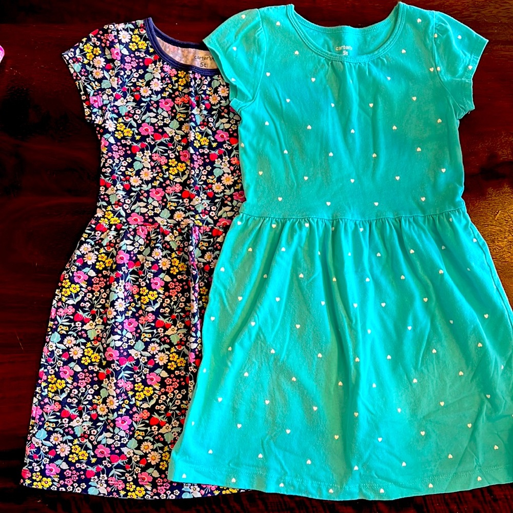 Girls set of 2 Carters turquoise heart print and navy floral dresses 5T